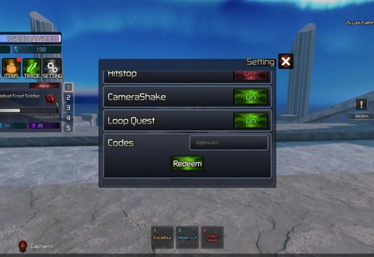 Broken Blade settings menu with codes input